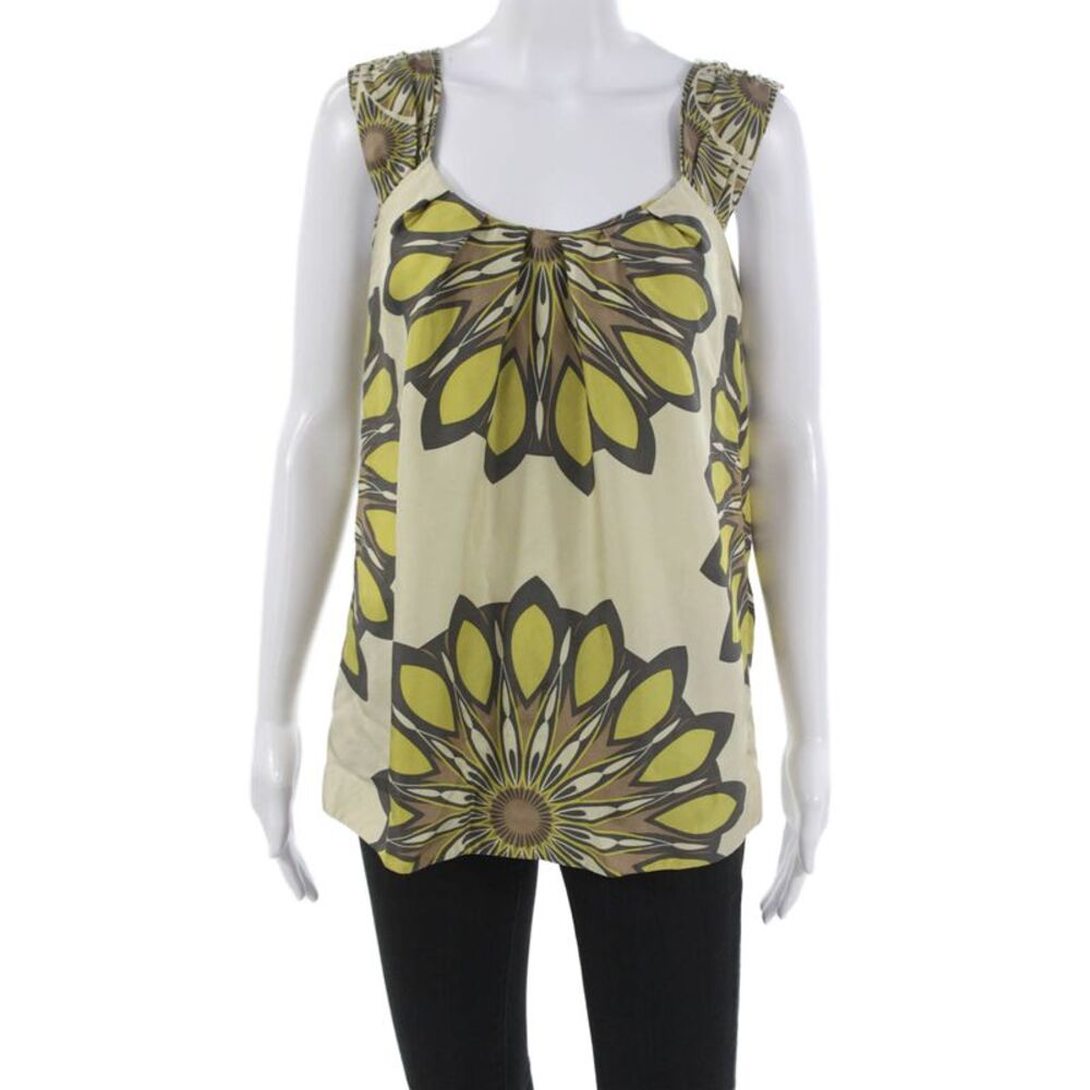Vince Women Beige Silk Geometric Scoop Neck Sleeveless Tunic Size M